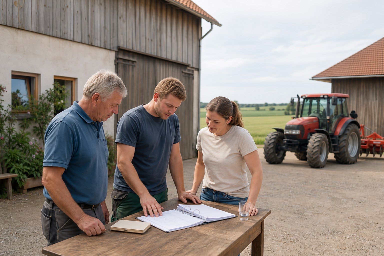 Familie verschiedener Generationen bespricht Unterlagen auf einem landwirtschaftlichen Hof