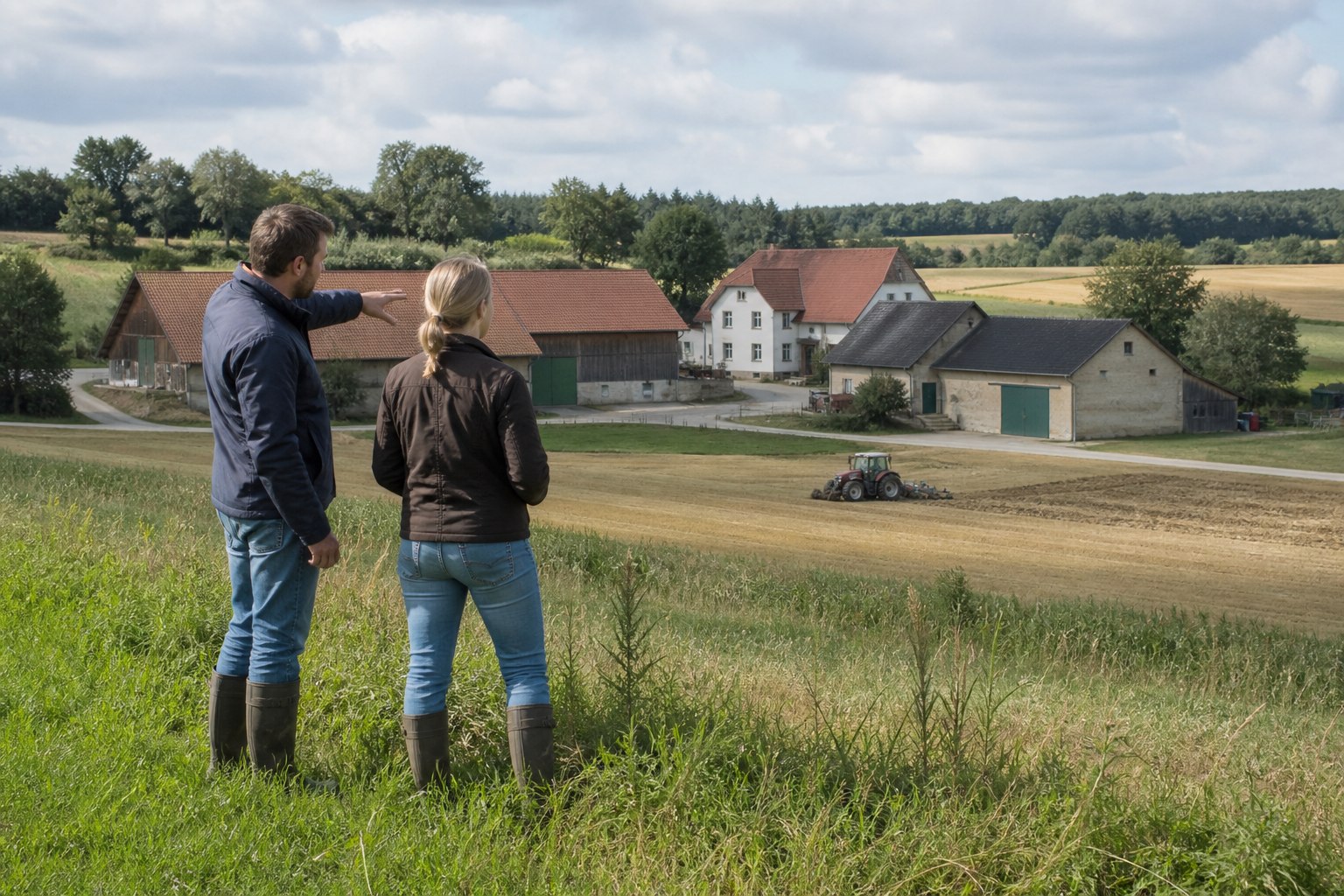 Zwei Interessenten betrachten einen Agrarbetrieb mit Hofstelle, Feldern und arbeitendem Traktor